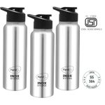 Pigeon By Stovekraft Inox Hydra 700Ml Pack Of 3 Stainless Steel Drinking Water Bottle 700Ml Flipper Cap- Silver (1 Year Warranty)